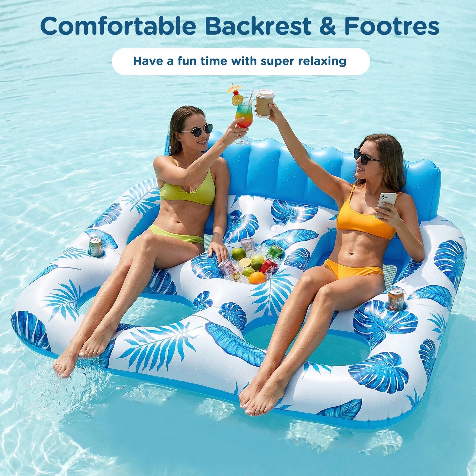 Inflatable Pool Float, 2 Person Pool Floats for Adults, Double Inflatable Lounger Pool Raft with Backrest & Cup Holders, Summer Water Fun for Pool Beach Lake, Blue