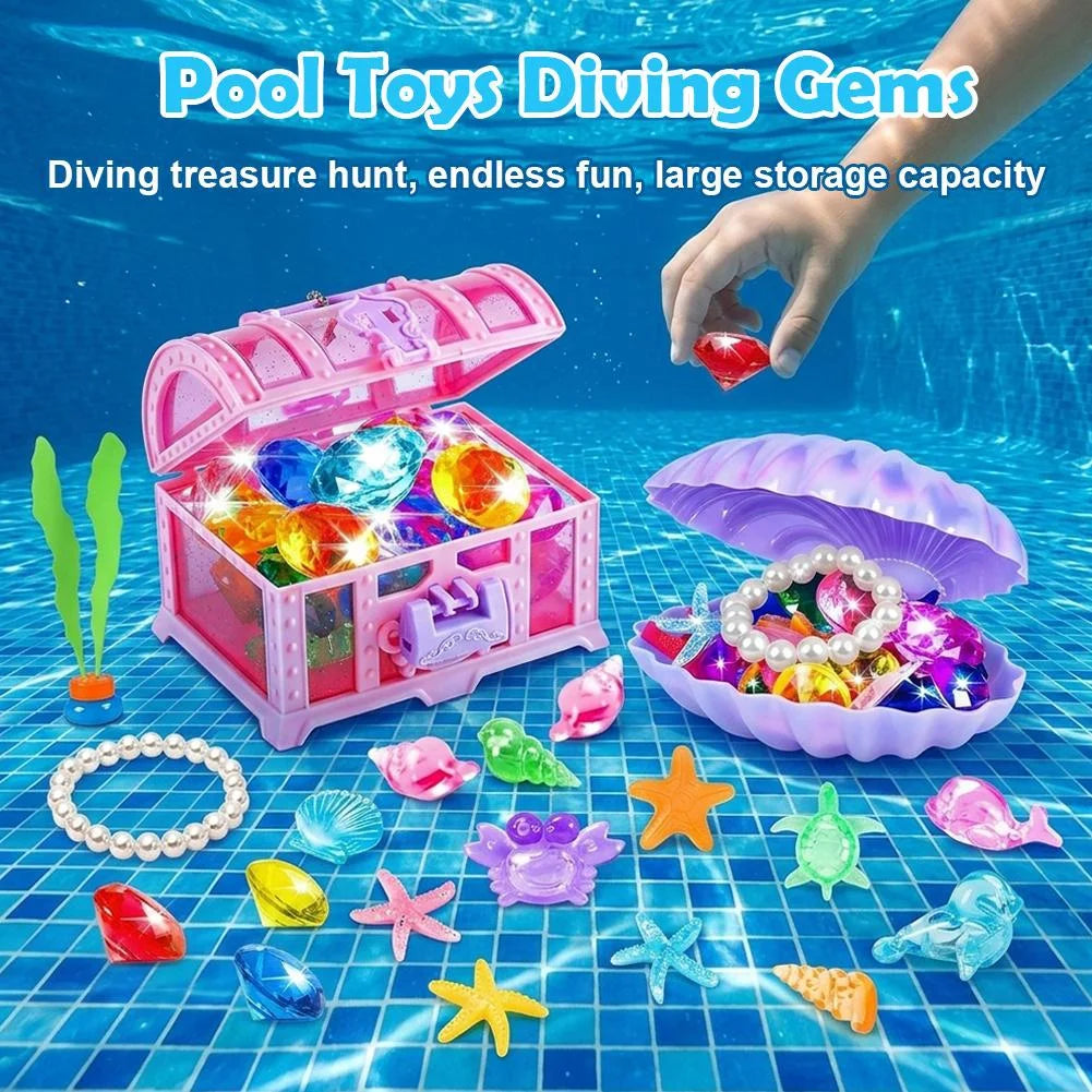 Underwater Treasure Pool Game Set – Floating Chest with Gems, Shells, Sea Life Figures for Pool Party, Summer Outdoor Activity for Teens & Adults