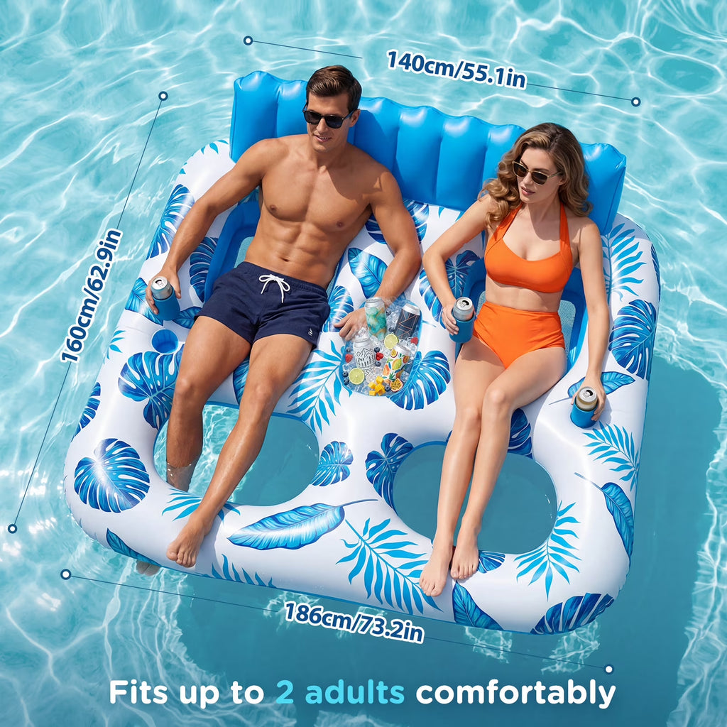 Inflatable Pool Float, 2 Person Pool Floats for Adults, Double Inflatable Lounger Pool Raft with Backrest & Cup Holders, Summer Water Fun for Pool Beach Lake, Blue