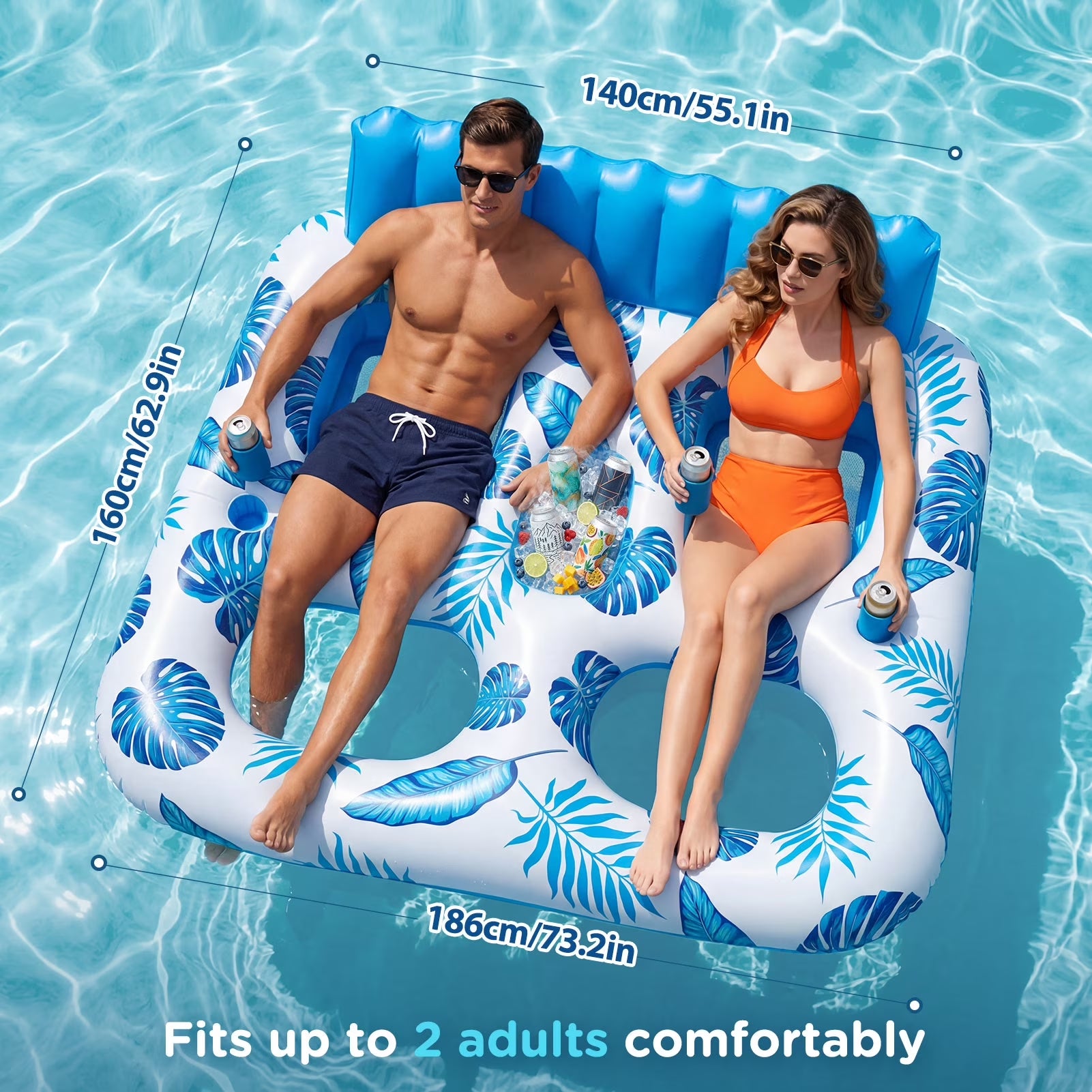 Inflatable Pool Float, 2 Person Pool Floats for Adults, Double Inflatable Lounger Pool Raft with Backrest & Cup Holders, Summer Water Fun for Pool Beach Lake, Blue