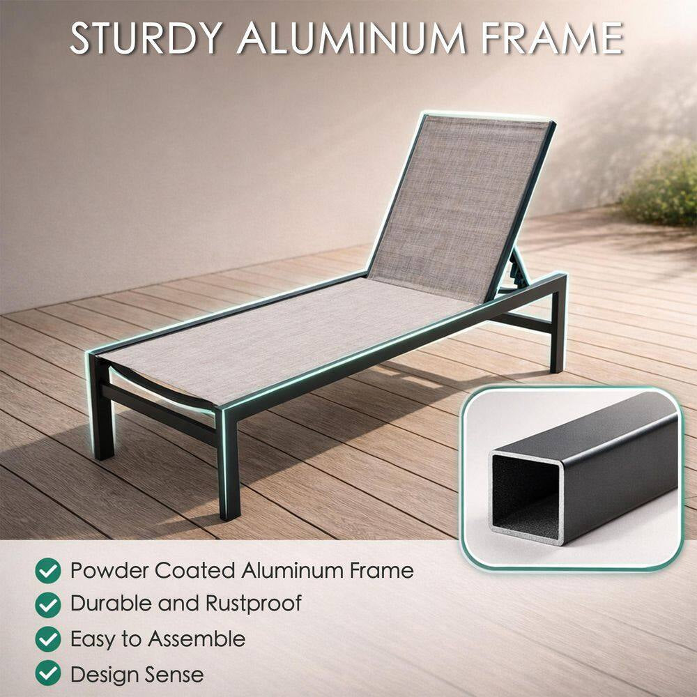 Outdoor Chaise Lounge Set Full Flat Aluminum Patio Reclinging Adjustable Beach Chair, 2-Packs, Beige with Table