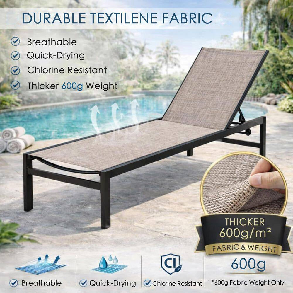 Outdoor Chaise Lounge Set Full Flat Aluminum Patio Reclinging Adjustable Beach Chair, 2-Packs, Beige with Table