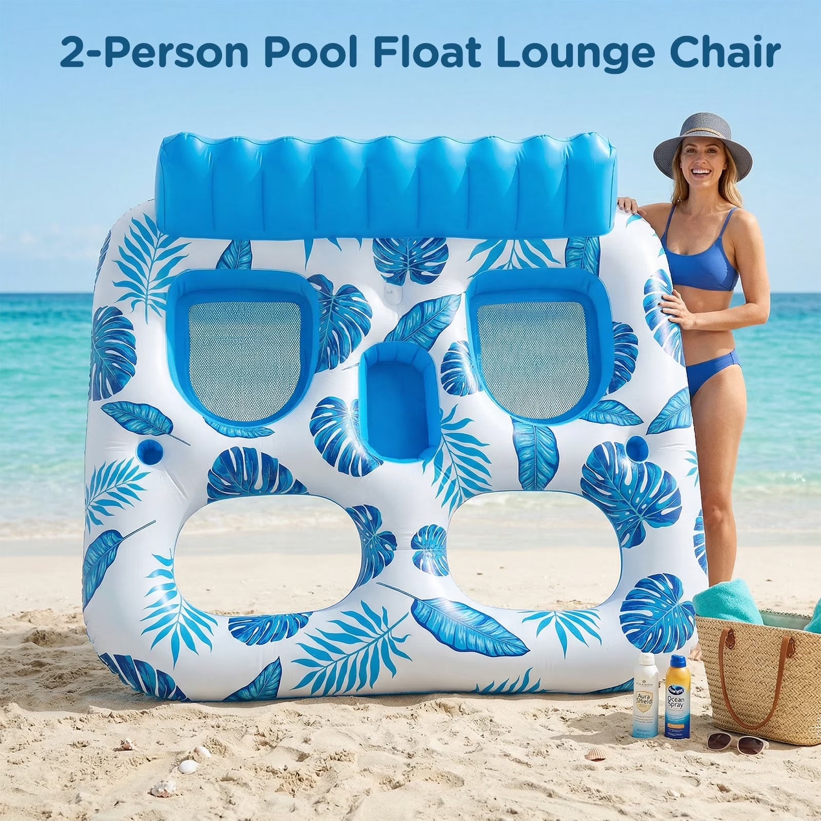 Inflatable Pool Float, 2 Person Pool Floats for Adults, Double Inflatable Lounger Pool Raft with Backrest & Cup Holders, Summer Water Fun for Pool Beach Lake, Blue