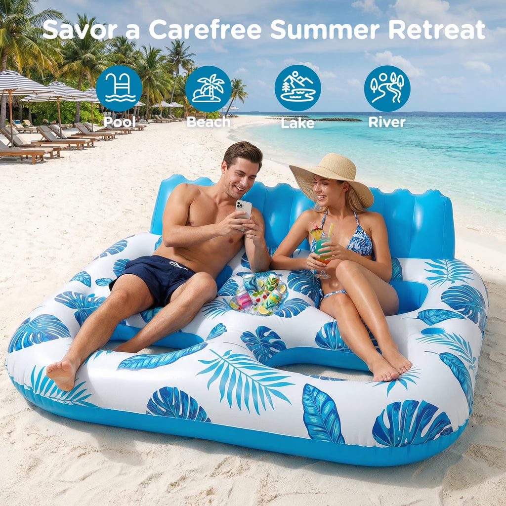 Inflatable Pool Float, 2 Person Pool Floats for Adults, Double Inflatable Lounger Pool Raft with Backrest & Cup Holders, Summer Water Fun for Pool Beach Lake, Blue