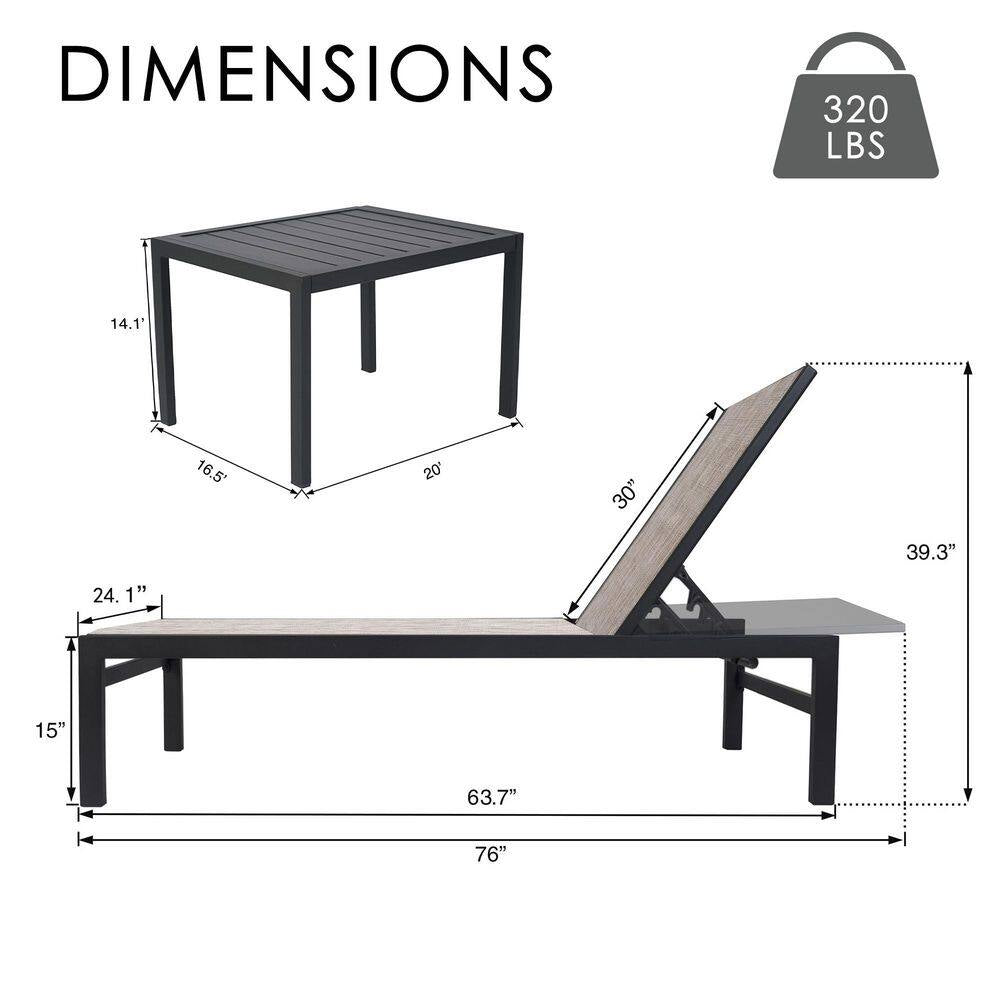 Outdoor Chaise Lounge Set Full Flat Aluminum Patio Reclinging Adjustable Beach Chair, 2-Packs, Beige with Table