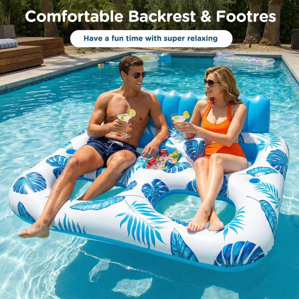 Inflatable Pool Float, 2 Person Pool Floats for Adults, Double Inflatable Lounger Pool Raft with Backrest & Cup Holders, Summer Water Fun for Pool Beach Lake, Blue