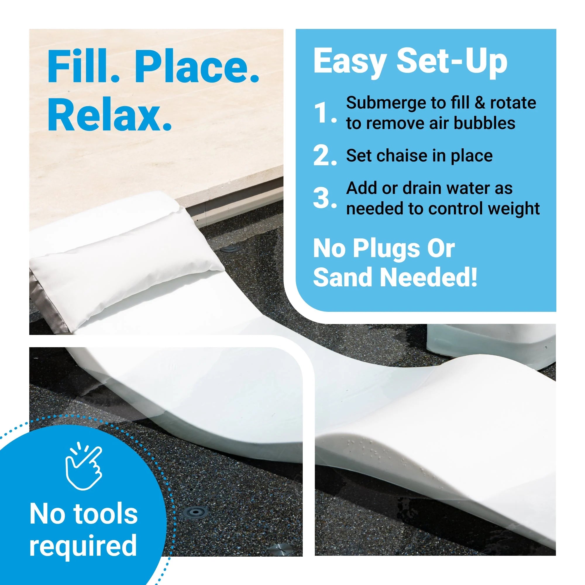 In-Pool Chaise Lounge Chairs for 0-9 In. of Water - All Weather Resistant, No Plugs/Tools Needed - (Set of 2)