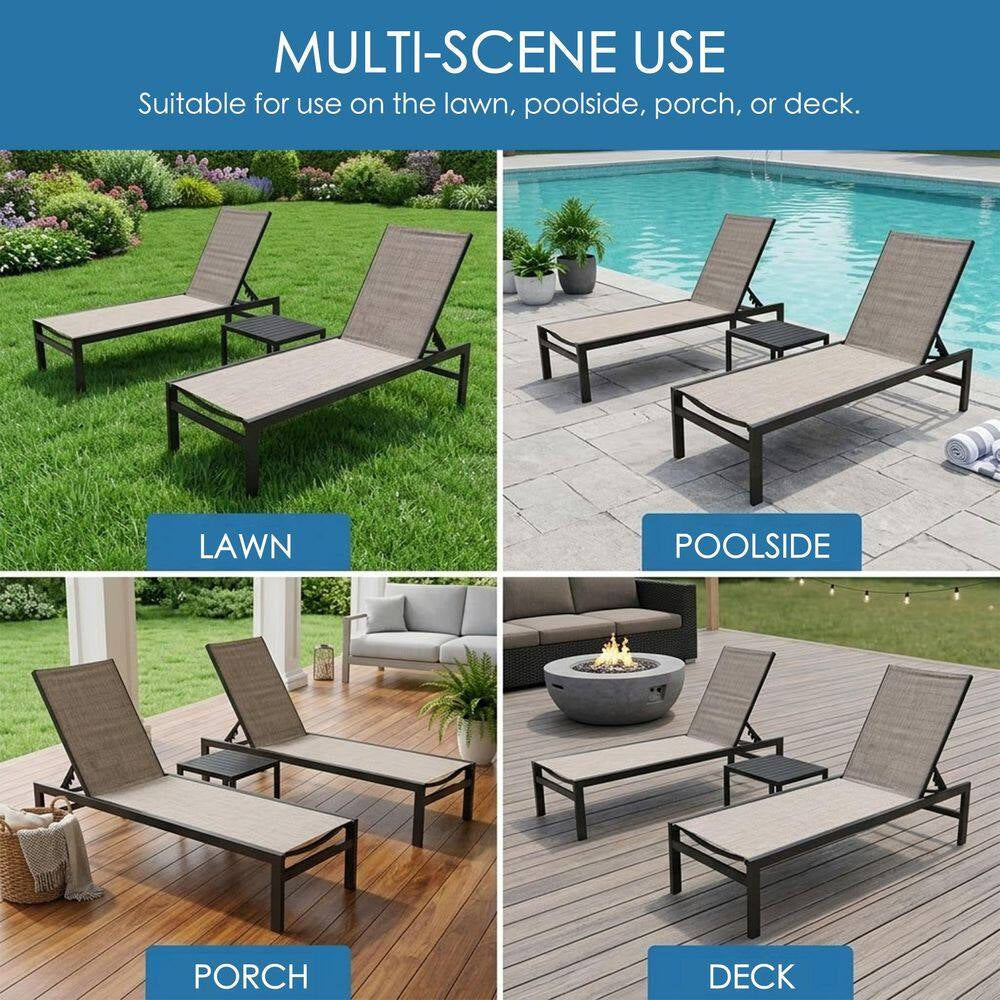 Outdoor Chaise Lounge Set Full Flat Aluminum Patio Reclinging Adjustable Beach Chair, 2-Packs, Beige with Table
