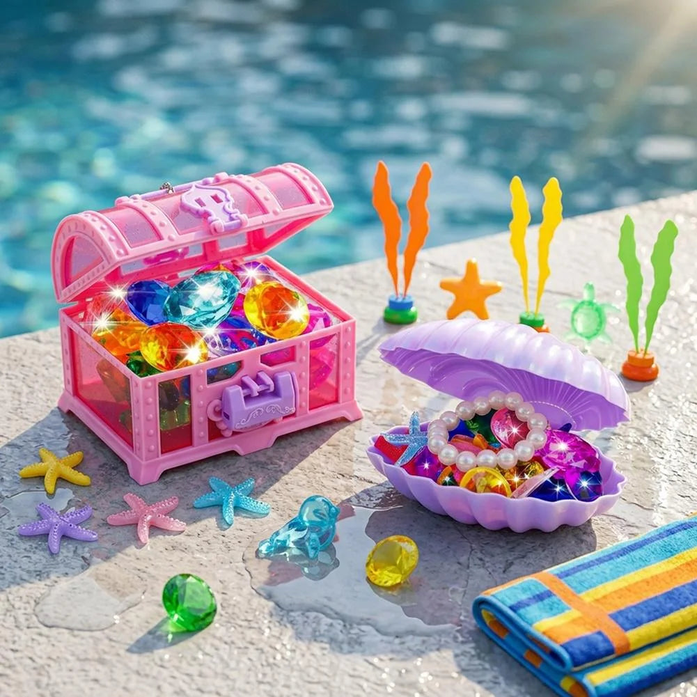 Underwater Treasure Pool Game Set – Floating Chest with Gems, Shells, Sea Life Figures for Pool Party, Summer Outdoor Activity for Teens & Adults