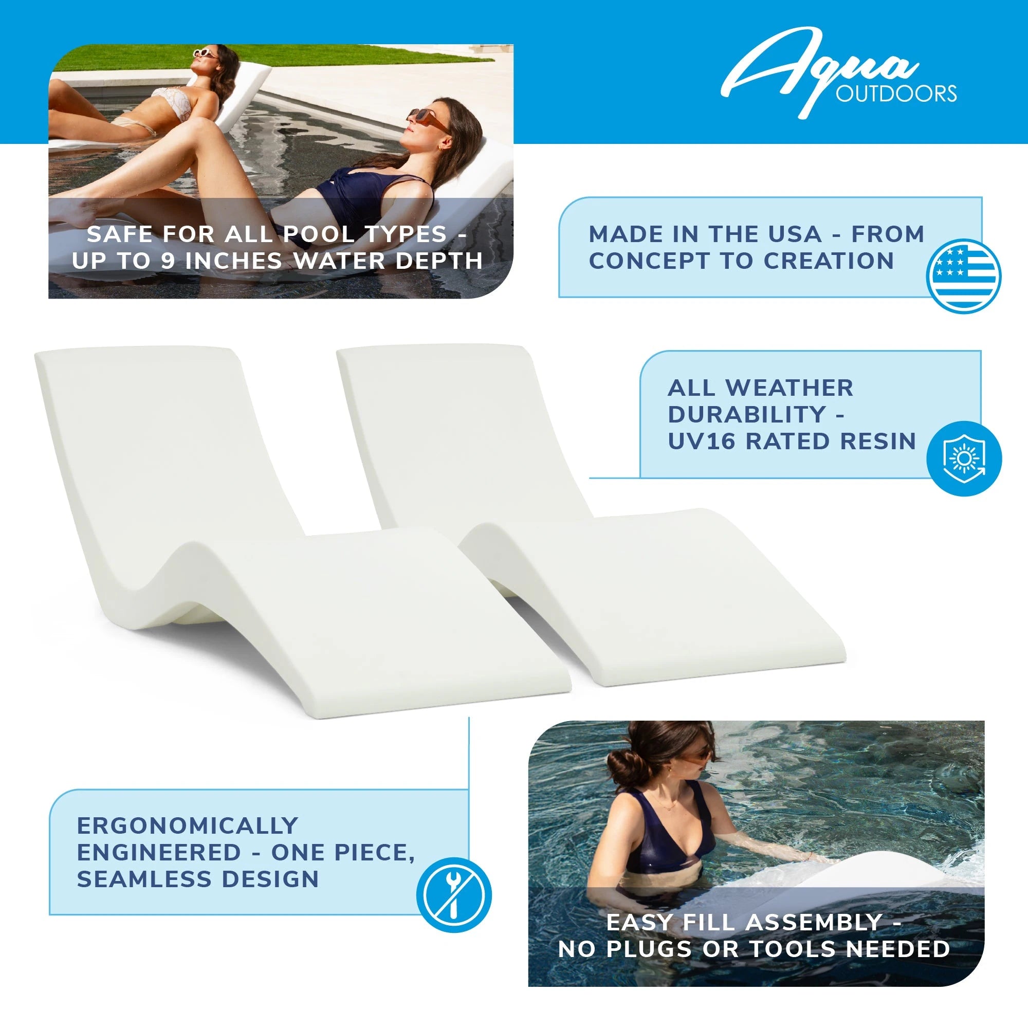 In-Pool Chaise Lounge Chairs for 0-9 In. of Water - All Weather Resistant, No Plugs/Tools Needed - (Set of 2)