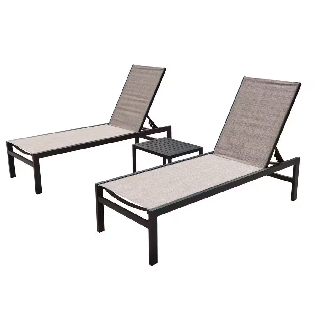 Outdoor Chaise Lounge Set Full Flat Aluminum Patio Reclinging Adjustable Beach Chair, 2-Packs, Beige with Table