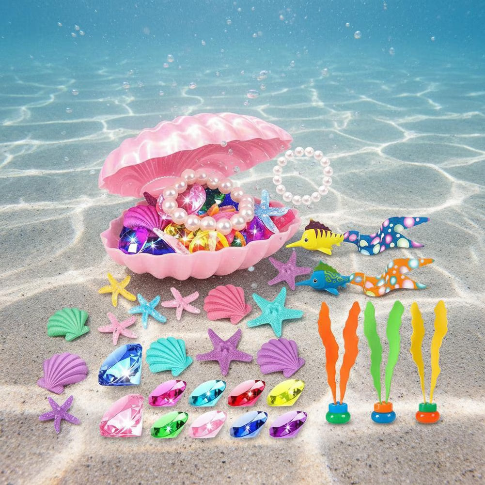 Underwater Treasure Pool Game Set – Floating Chest with Gems, Shells, Sea Life Figures for Pool Party, Summer Outdoor Activity for Teens & Adults