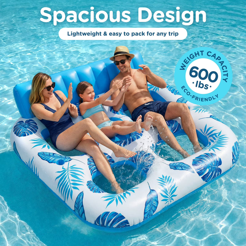 Inflatable Pool Float, 2 Person Pool Floats for Adults, Double Inflatable Lounger Pool Raft with Backrest & Cup Holders, Summer Water Fun for Pool Beach Lake, Blue