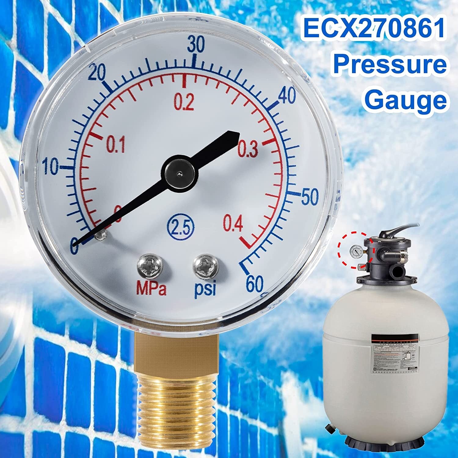 ECX270861 Pressure Gauge Replacement for Hayward Sand & D.E Pool Filter C2000