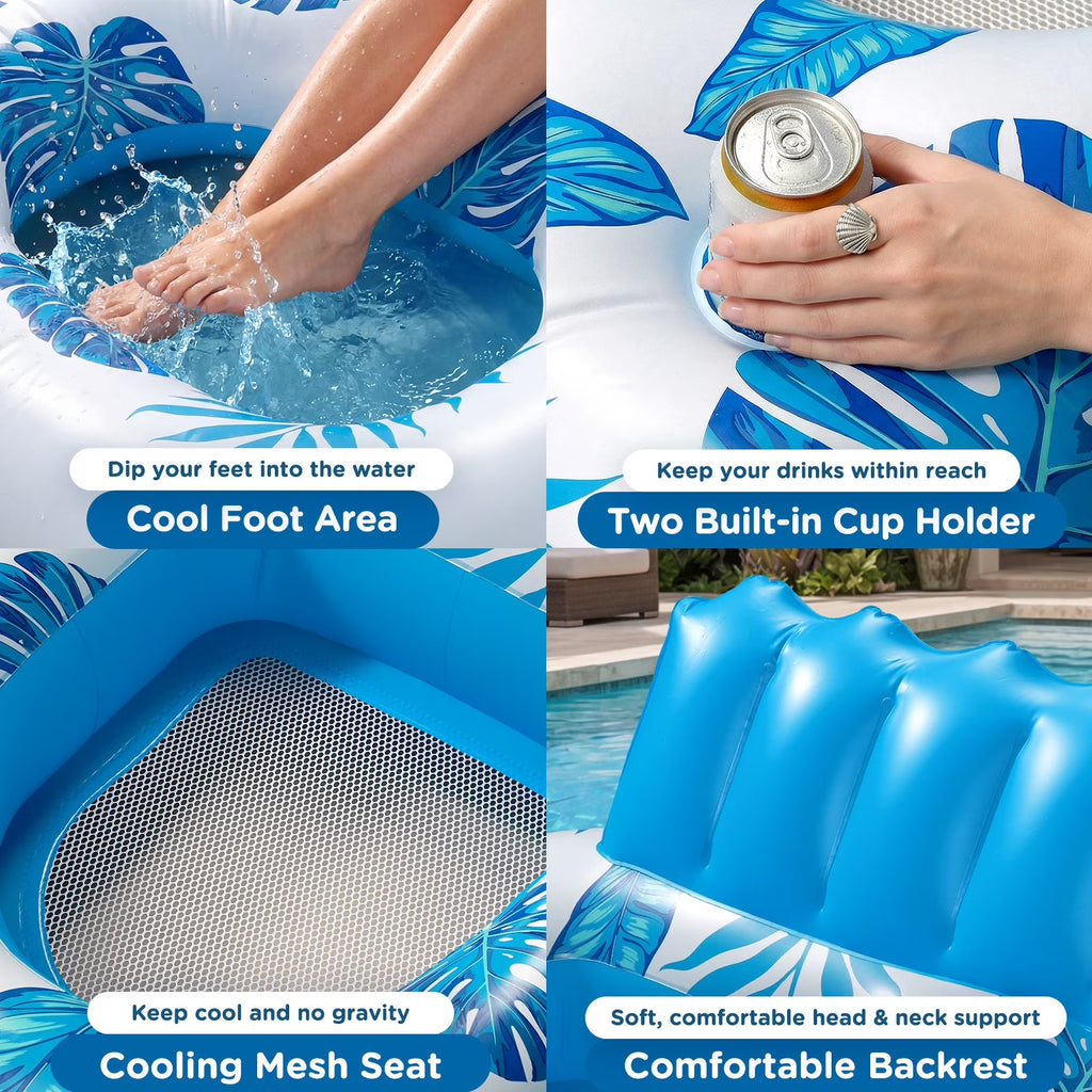 Inflatable Pool Float, 2 Person Pool Floats for Adults, Double Inflatable Lounger Pool Raft with Backrest & Cup Holders, Summer Water Fun for Pool Beach Lake, Blue