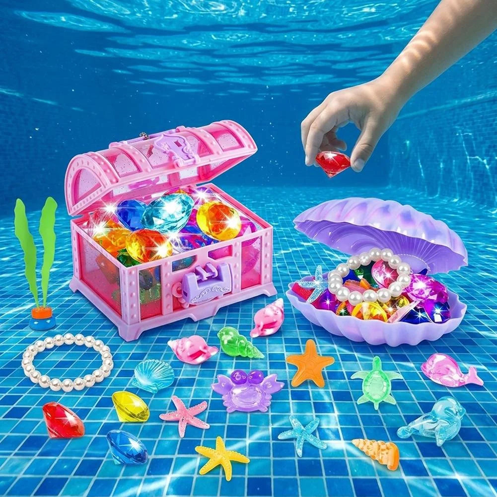 Underwater Treasure Pool Game Set – Floating Chest with Gems, Shells, Sea Life Figures for Pool Party, Summer Outdoor Activity for Teens & Adults