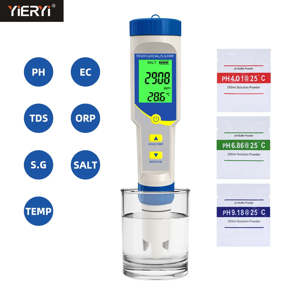 7 in 1 PH Meter 0.01 Resolution High Precision TDS EC ORP Ppm Tester Salimeter for Pool Saltwater Aquarium Hydroponics