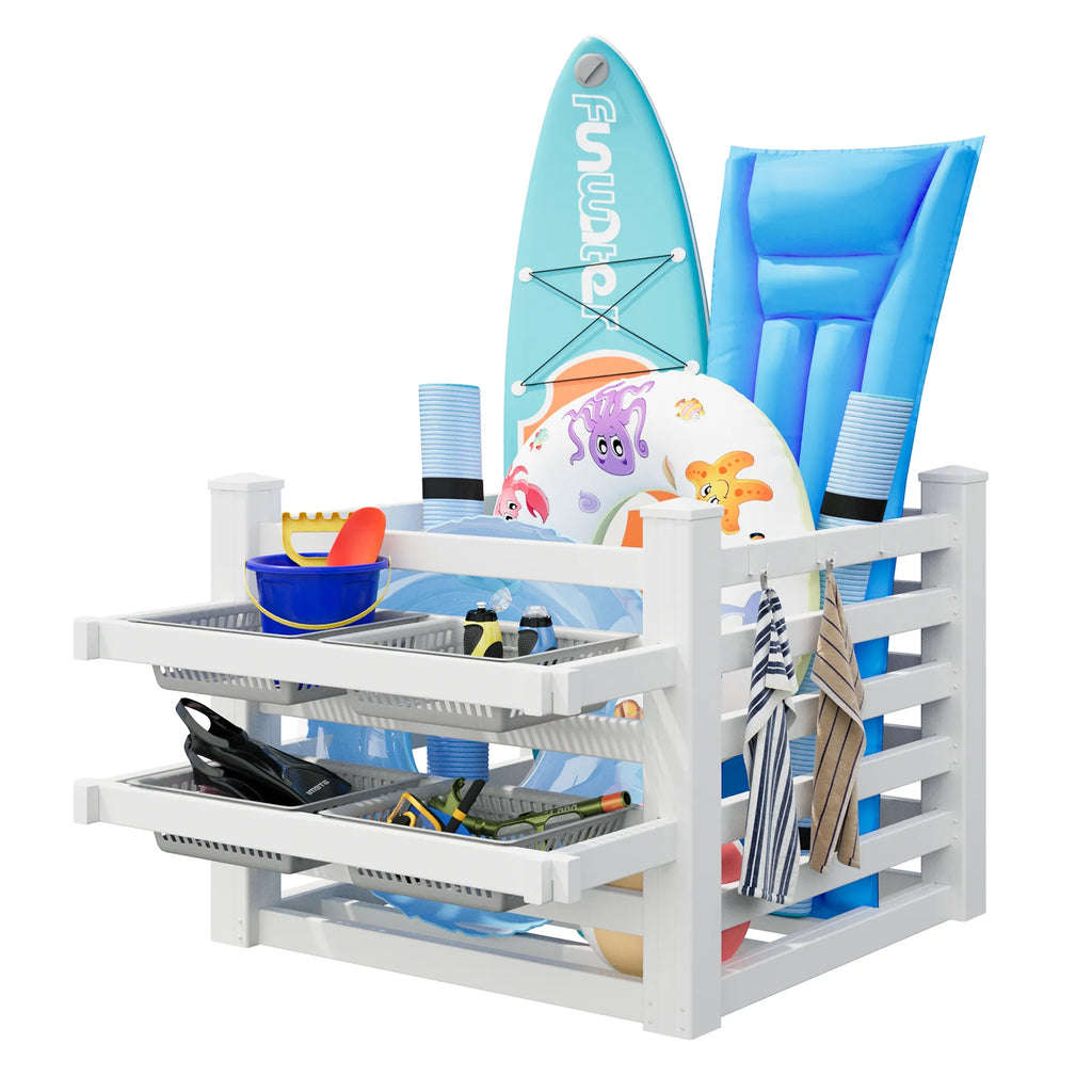 Pool Float Storage Organizer, Waterproof Outdoor Pool Room Storage for Pool Toys & Floats Storage& Pool Deck,White