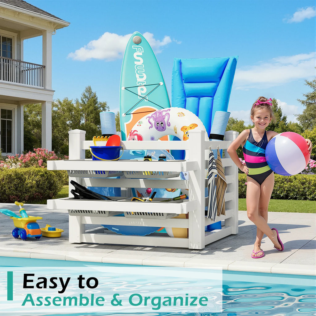 Pool Float Storage Organizer, Waterproof Outdoor Pool Room Storage for Pool Toys & Floats Storage& Pool Deck,White