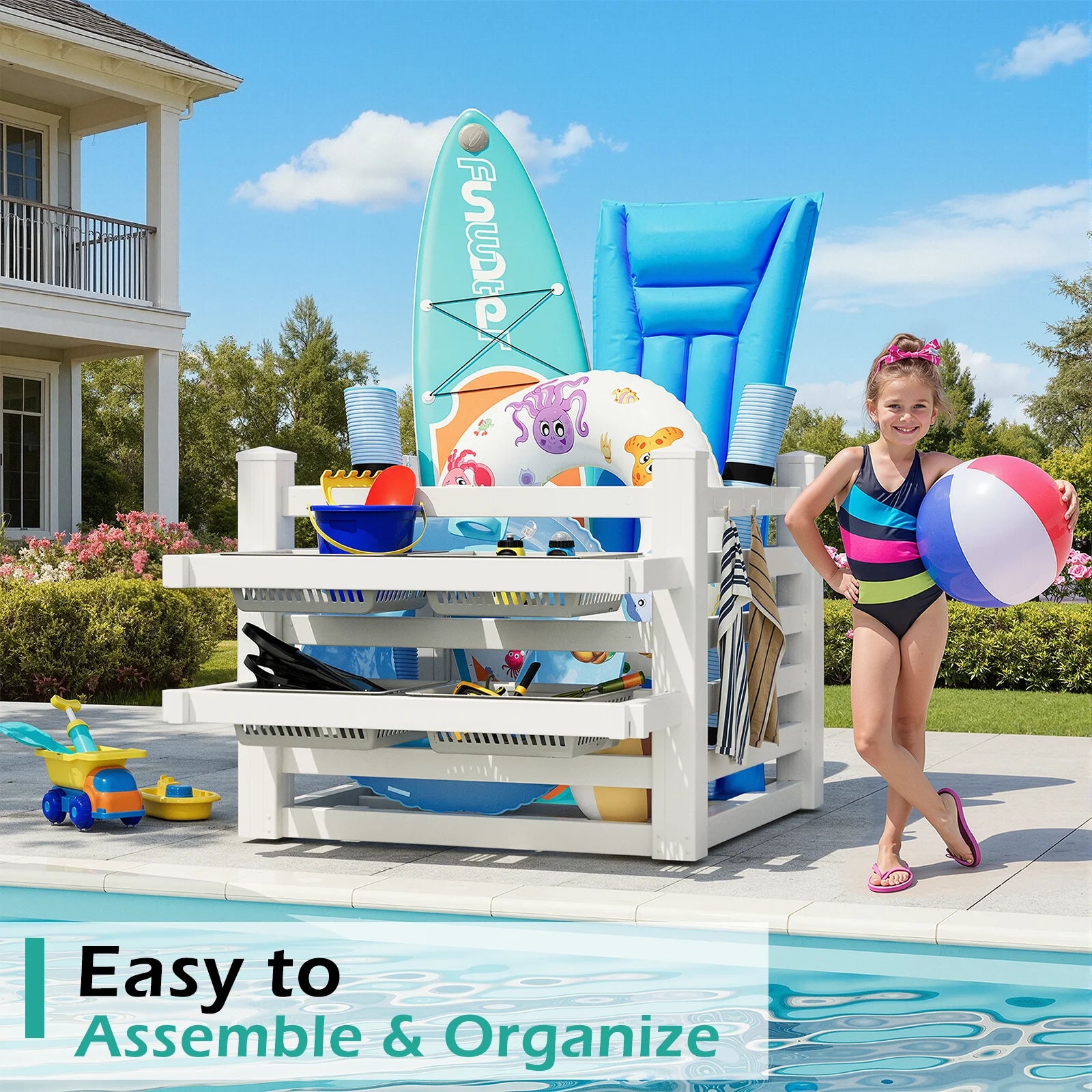 Pool Float Storage Organizer, Waterproof Outdoor Pool Room Storage for Pool Toys & Floats Storage& Pool Deck,White