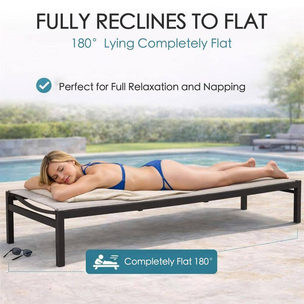 Outdoor Chaise Lounge Set Full Flat Aluminum Patio Reclinging Adjustable Beach Chair, 2-Packs, Beige with Table