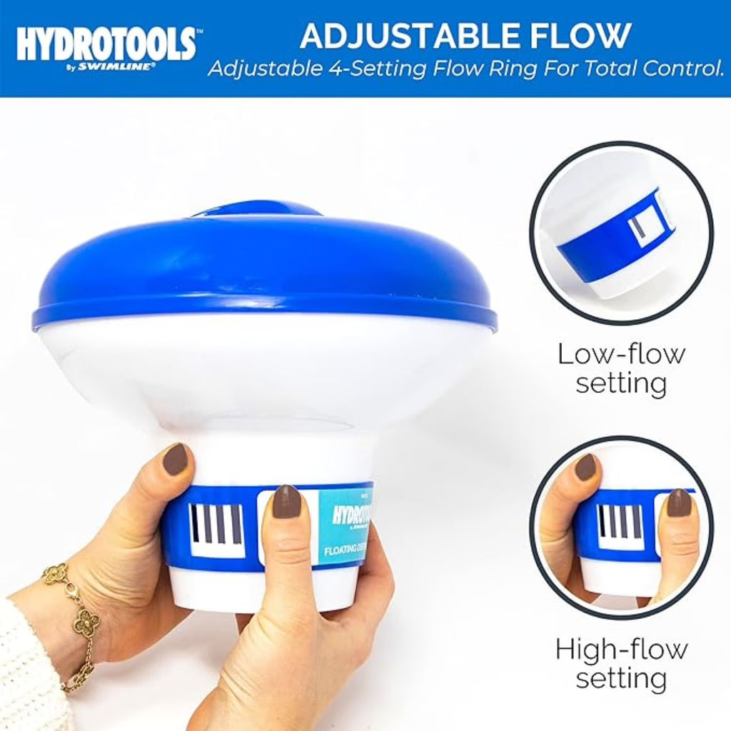 31482165 10 In. Adjustable Floating Swimming Pool Chemical Dispenser, White & Blue