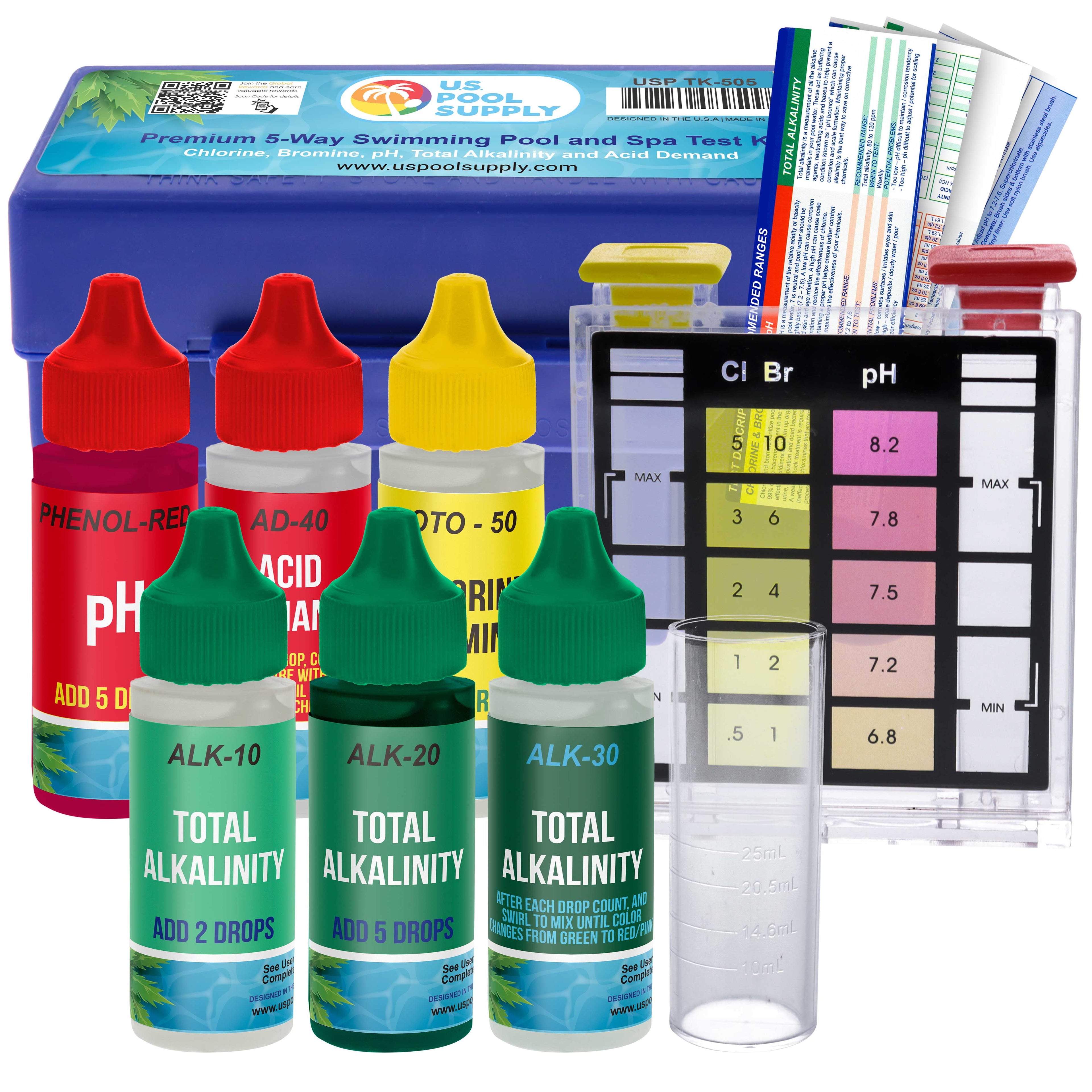 Premium 5-Way Swimming Pool & Spa Test Kit - Tests Water for Ph, Chlorine, Bromine, Alkalinity and Acid Demand - Maintain Properly Balanced Chemical Levels, Algae Sanitizer Indicator