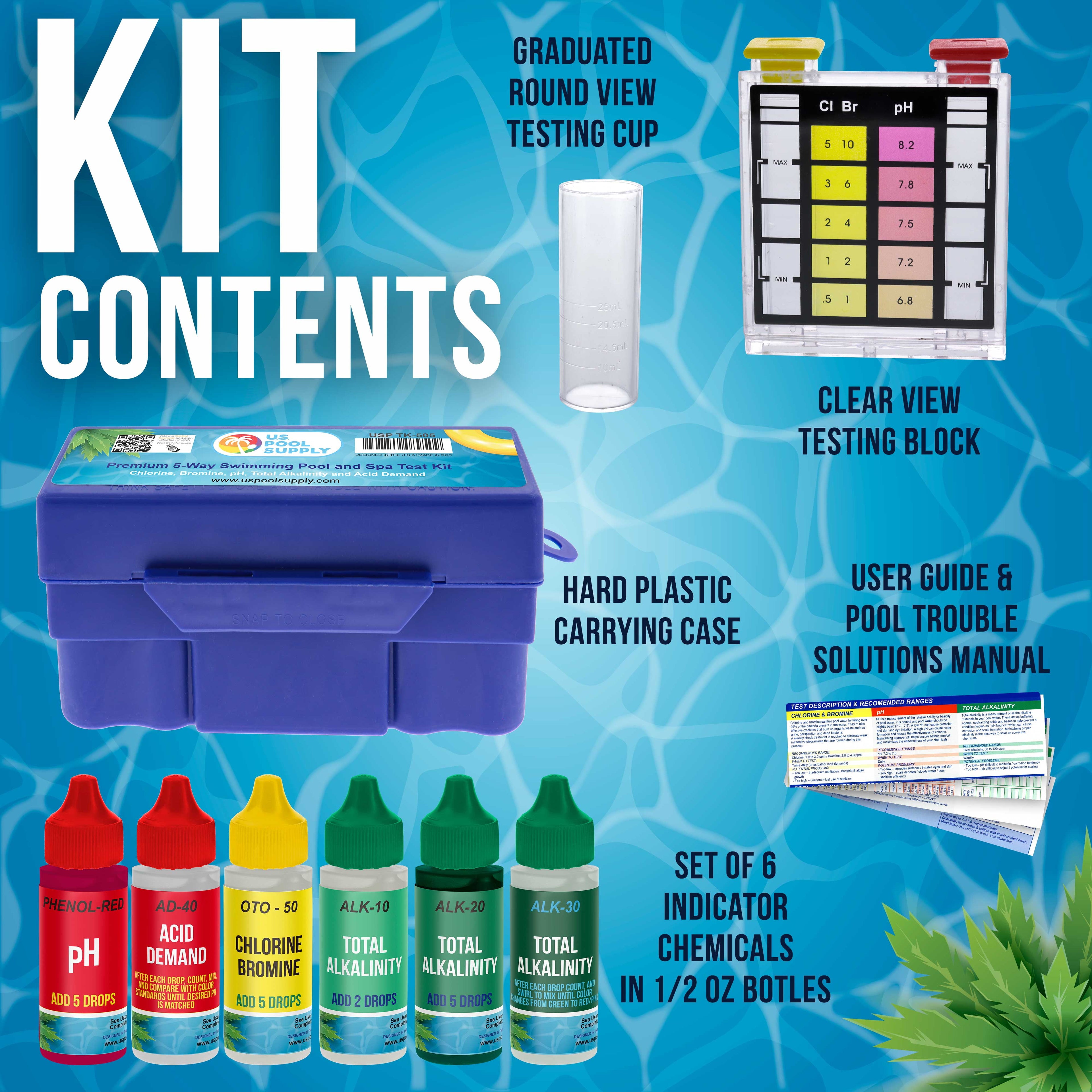 Premium 5-Way Swimming Pool & Spa Test Kit - Tests Water for Ph, Chlorine, Bromine, Alkalinity and Acid Demand - Maintain Properly Balanced Chemical Levels, Algae Sanitizer Indicator