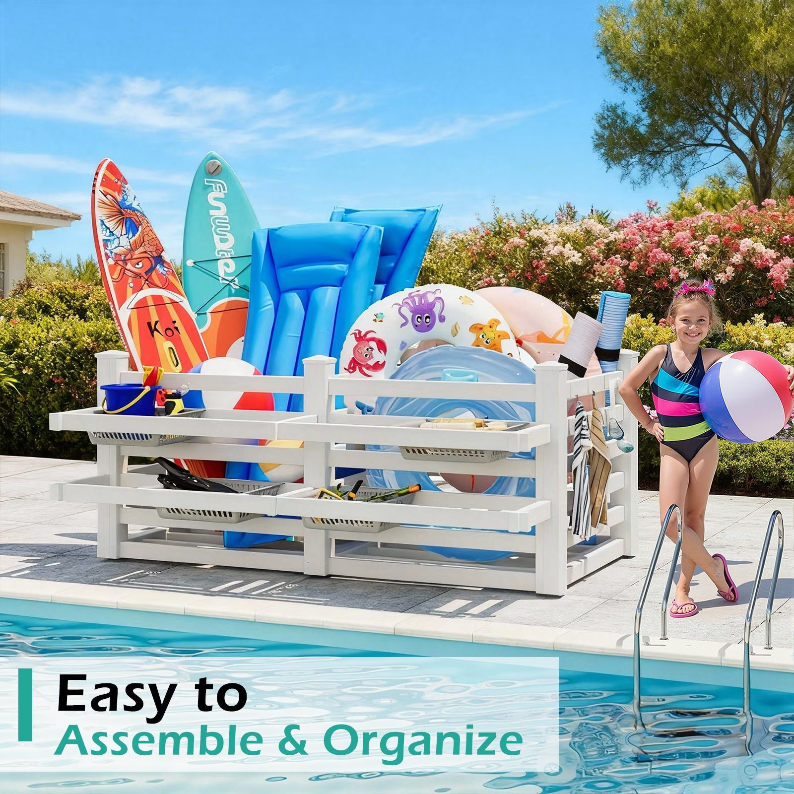 Extra Large Poolside Organizer, 64In W X 92In L X 38In H Waterproof Outdoor Pool Float Storage Bin, Upgraded Oversized Version for Pool Toys & Floats Storage& Pool Deck