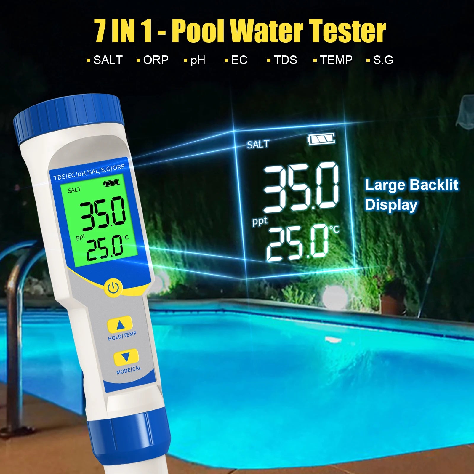7 in 1 PH Meter 0.01 Resolution High Precision TDS EC ORP Ppm Tester Salimeter for Pool Saltwater Aquarium Hydroponics