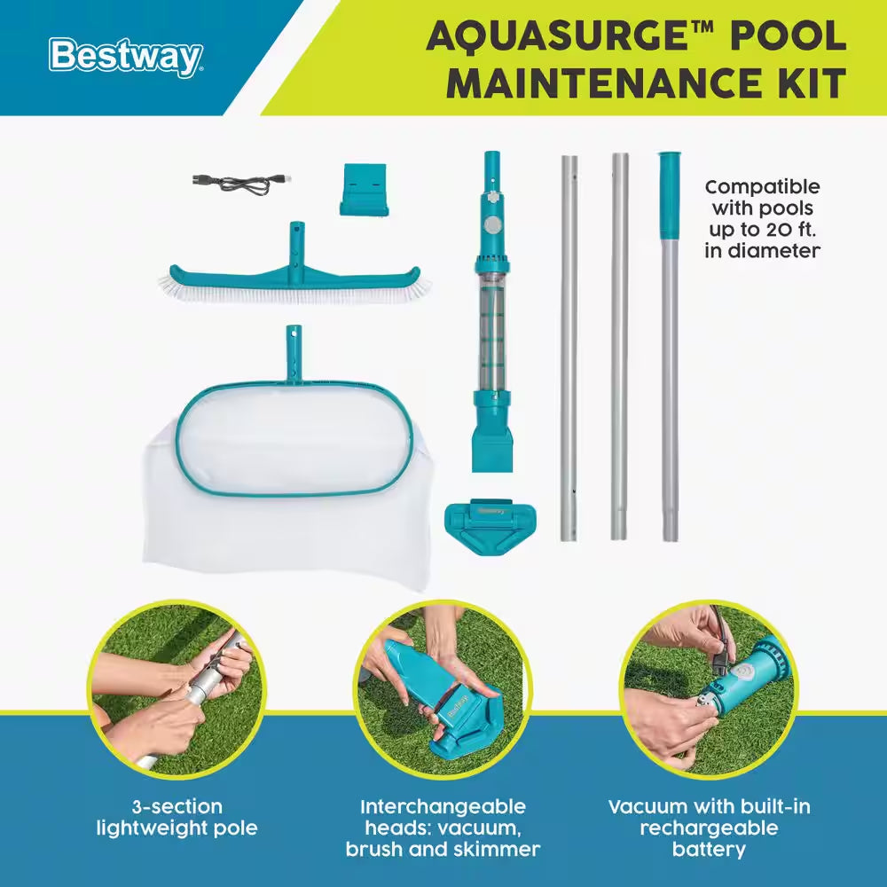 Aquasurge Swimming Pool Maintenance Accessory Kit with Pool Vacuum and Skimmer