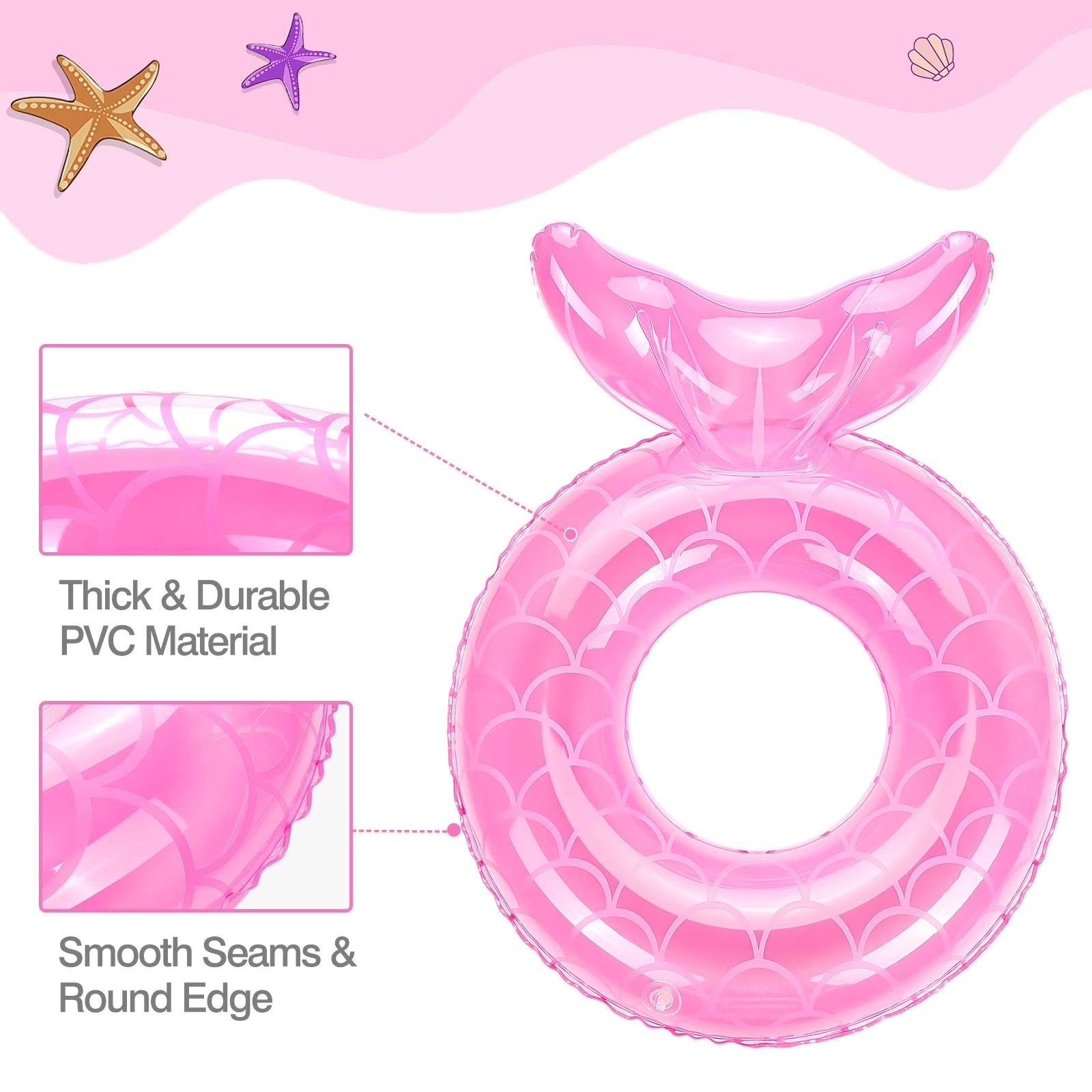 Mermaid Pool Floats for Kids, Inflatable Swimming Ring Pool Party Summer Toy, Pink