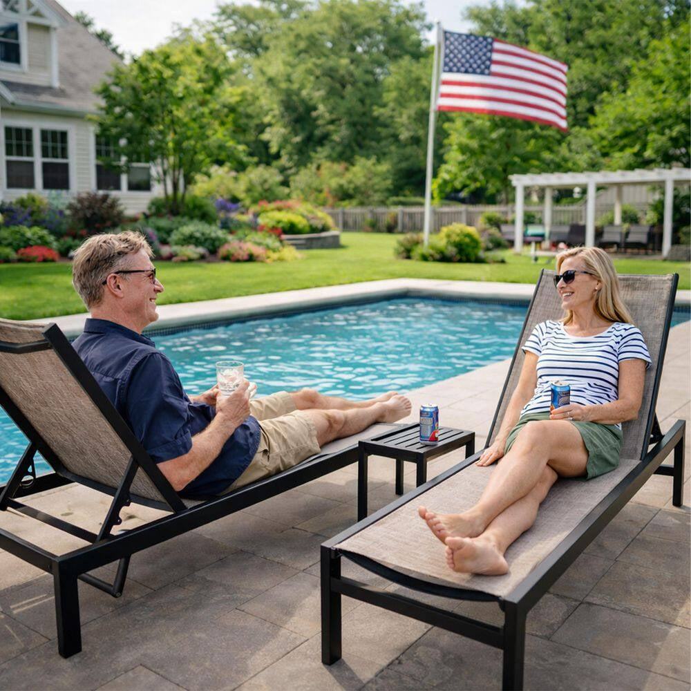 Outdoor Chaise Lounge Set Full Flat Aluminum Patio Reclinging Adjustable Beach Chair, 2-Packs, Beige with Table