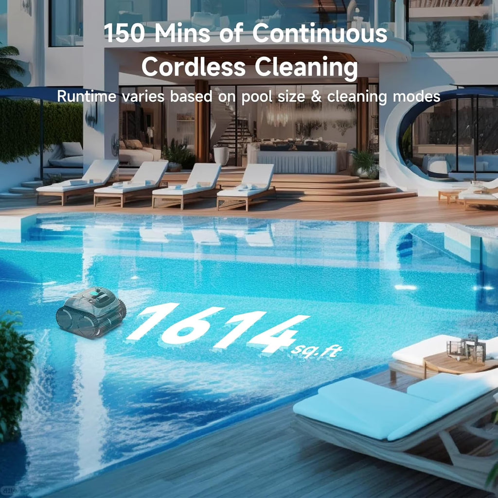 Cordless Robotic Pool Vacuum, Robotic Pool Cleaner with Wall Climbing, Upgraded Triple-Motor, 150Mins Runtime for Inground Pools up to 1614 Sq.Ft