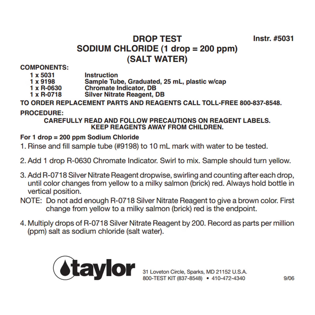 K-1766 Liquid Swimming Pool Spa Sodium Chloride Salt Water Drop Test Kit