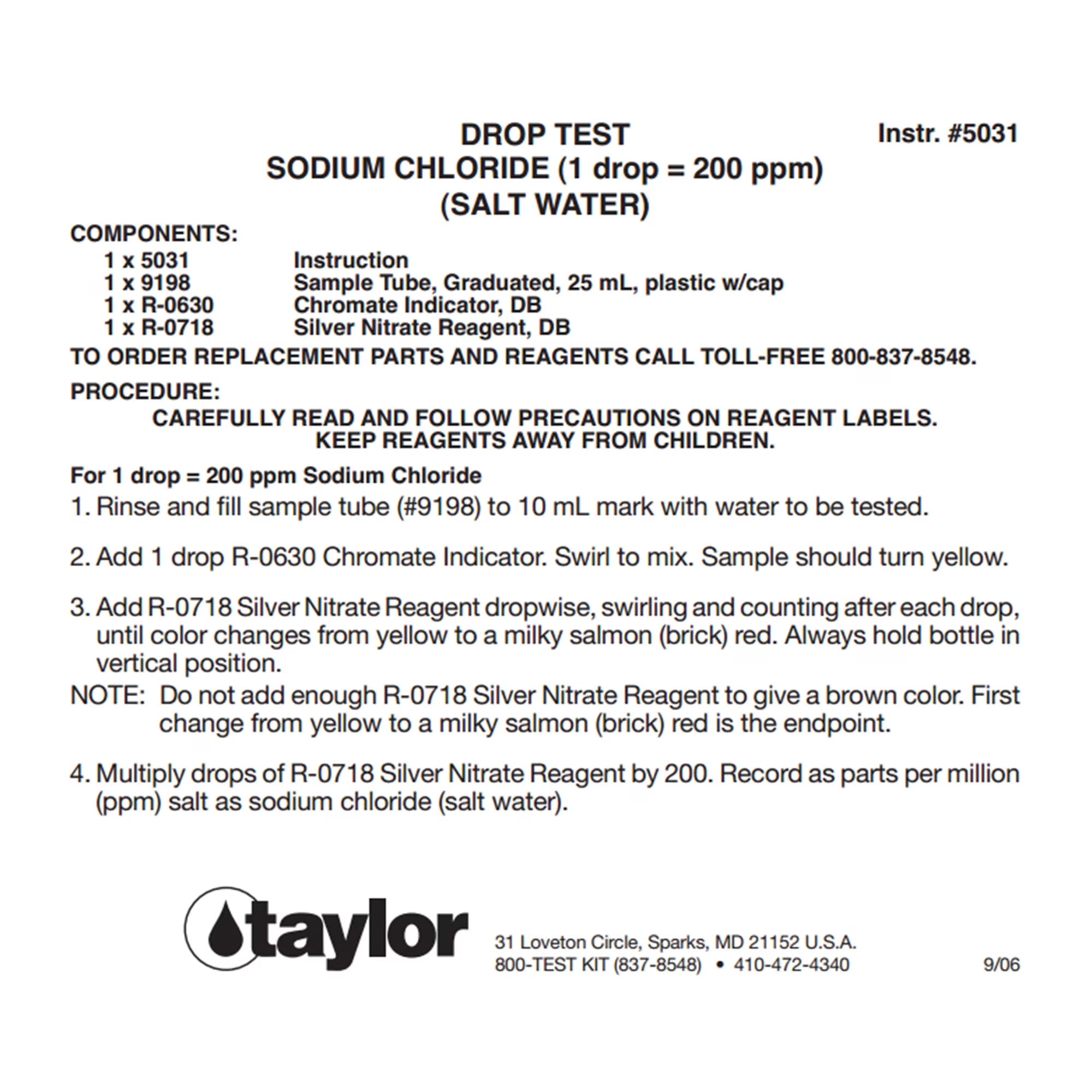 K-1766 Liquid Swimming Pool Spa Sodium Chloride Salt Water Drop Test Kit