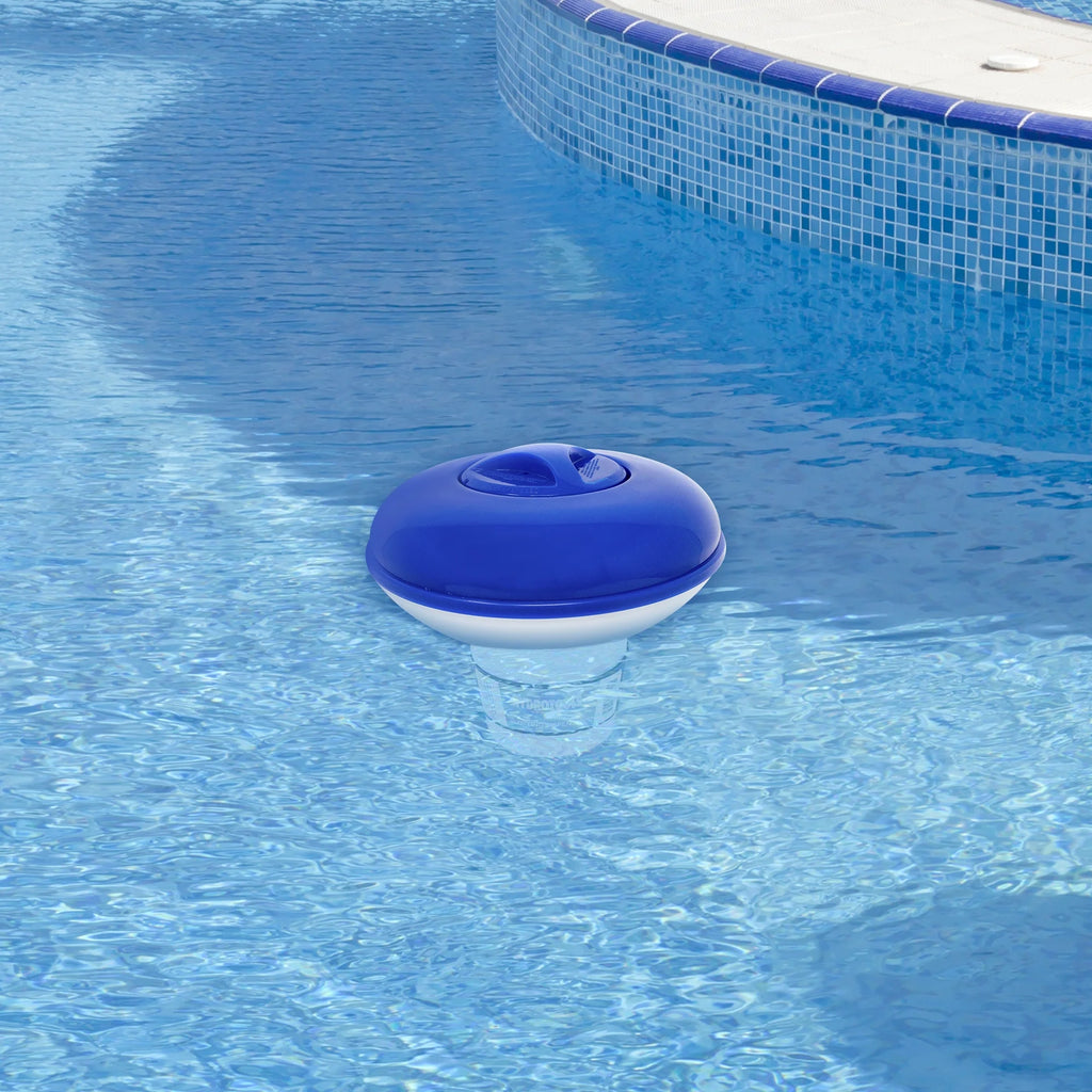 31482165 10 In. Adjustable Floating Swimming Pool Chemical Dispenser, White & Blue