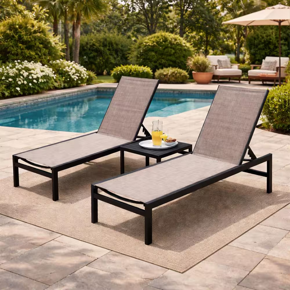 Outdoor Chaise Lounge Set Full Flat Aluminum Patio Reclinging Adjustable Beach Chair, 2-Packs, Beige with Table