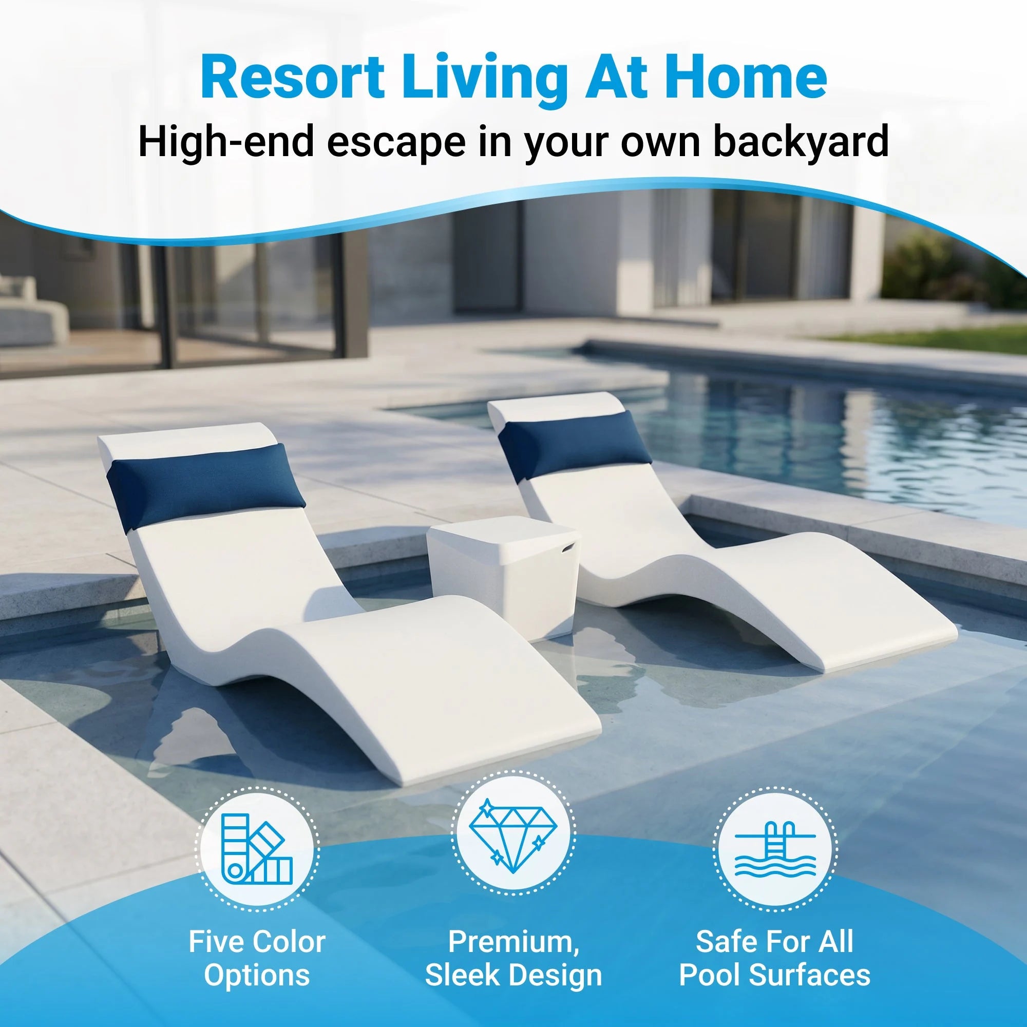 In-Pool Chaise Lounge Chairs for 0-9 In. of Water - All Weather Resistant, No Plugs/Tools Needed - (Set of 2)