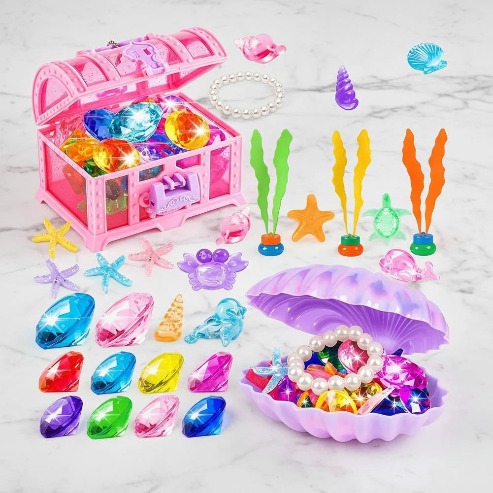 Underwater Treasure Pool Game Set – Floating Chest with Gems, Shells, Sea Life Figures for Pool Party, Summer Outdoor Activity for Teens & Adults